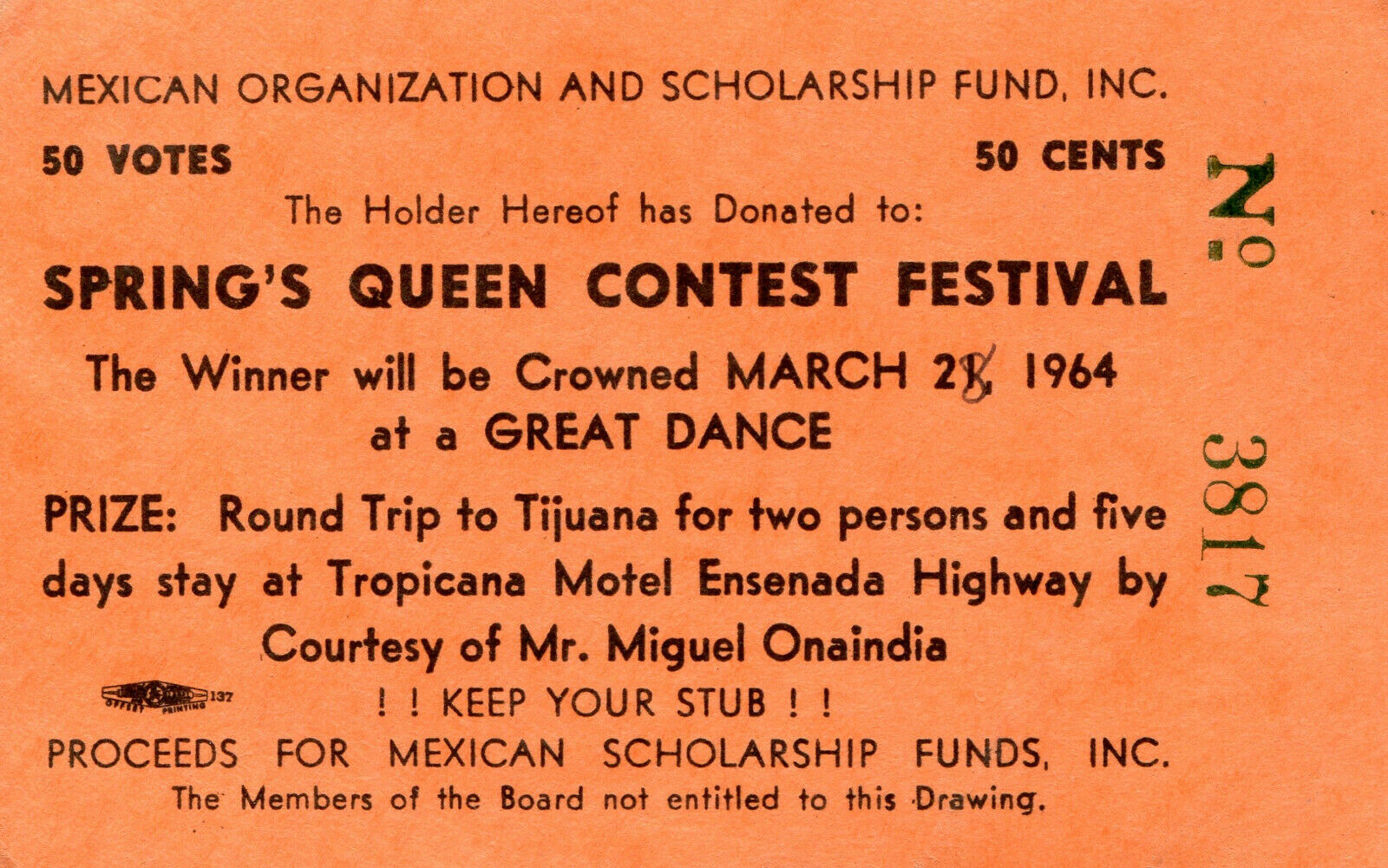 4- 1964 Spring's Queen Contest Festival Ticket Stubs Tijauna Mexican Scholarship
