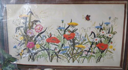 Vtg 70s Paragon Country Garden Crewel 22"x 40" Floral Adele Verses 0511 Htf Rare