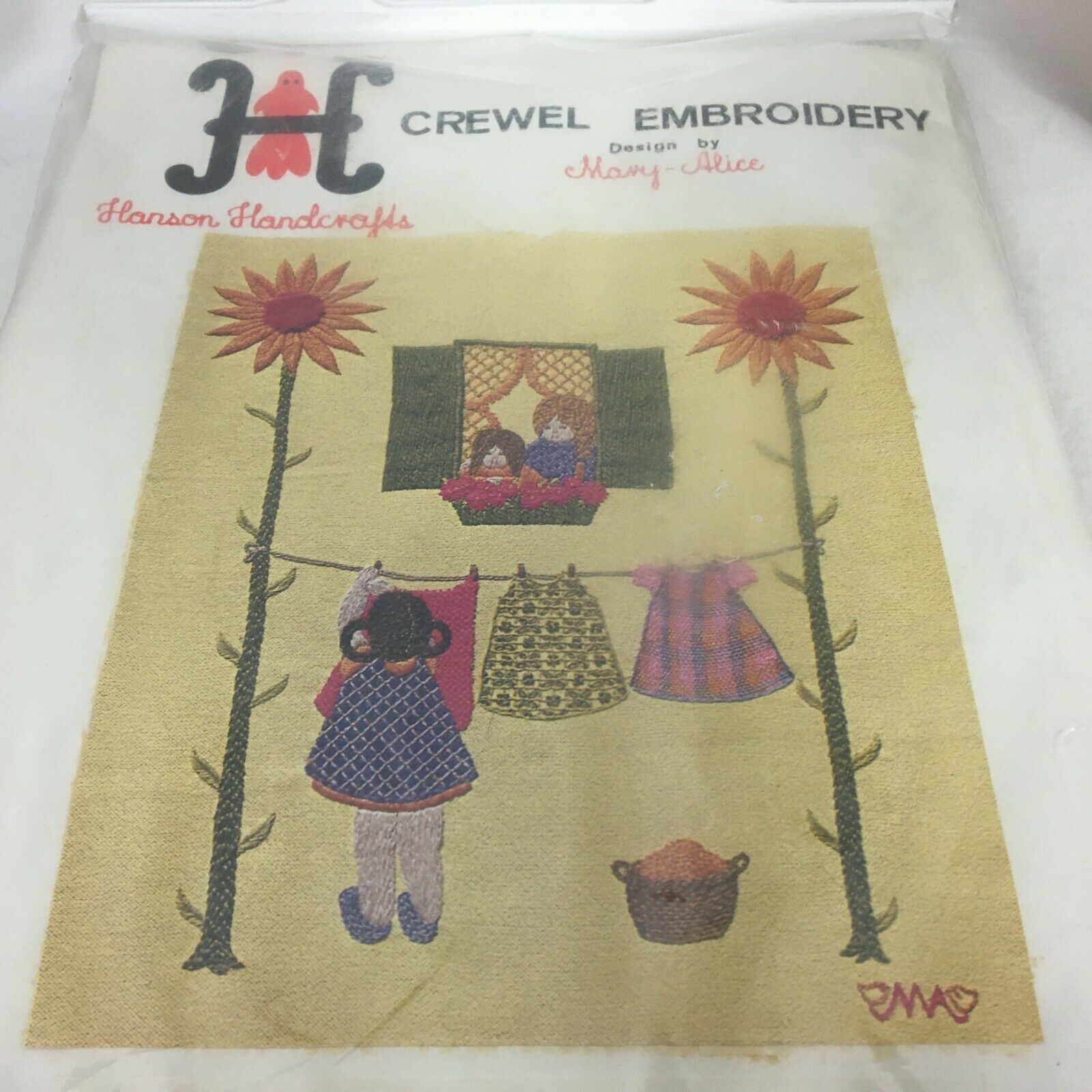 Vtg 1968 Mary Alice Hanson Handcrafts Linen Crewel Embroidery Kit Wash Day Nip