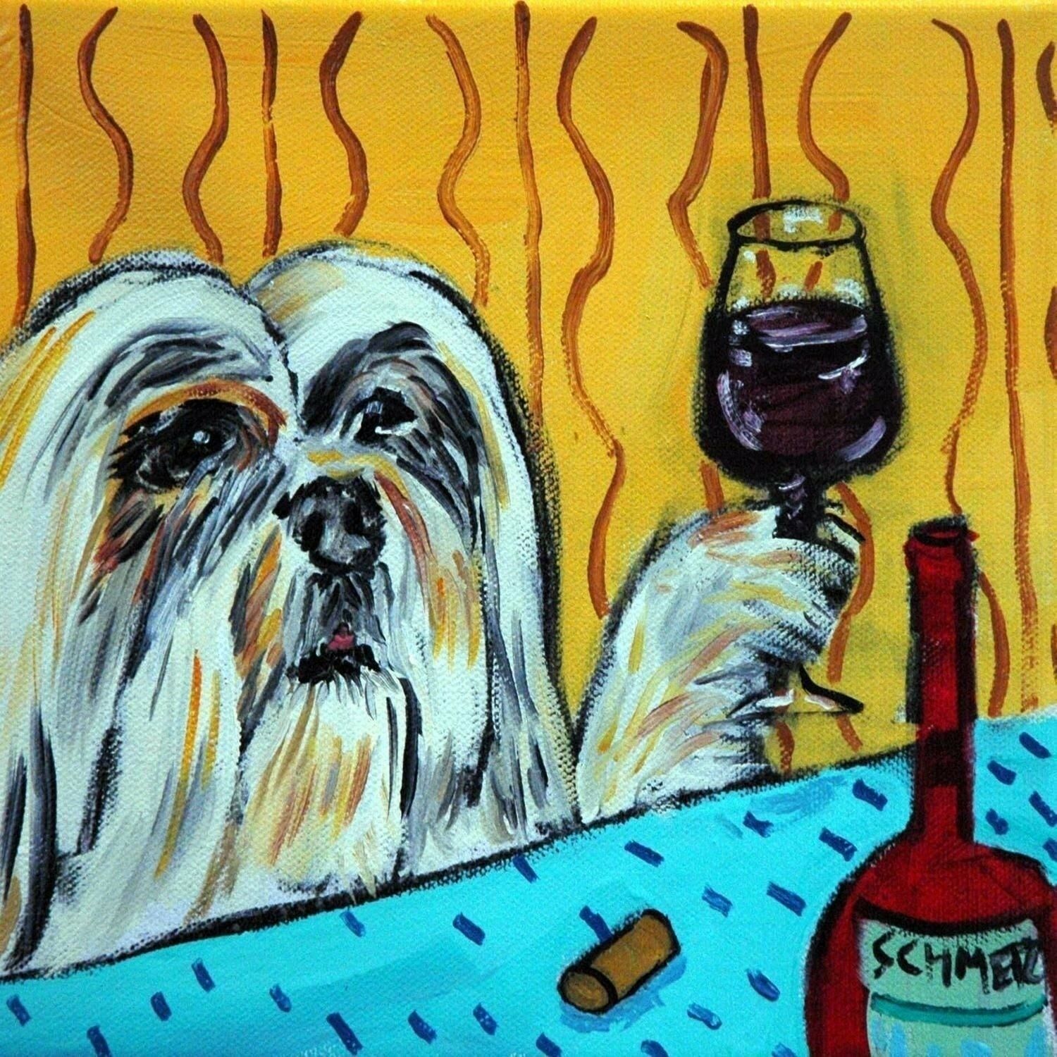 Lhasa Apso At The Wine Bar Dog Art Tile Coaster Gift