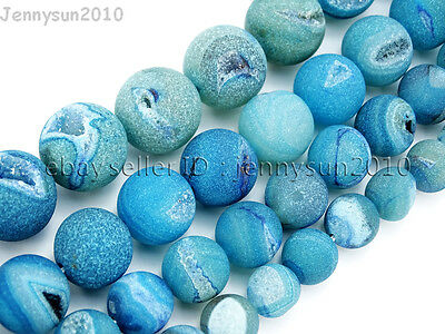 Natural Druzy Quartz Matte Blue Agate Gemstone Round Beads 15.5" 10mm 12mm 14mm