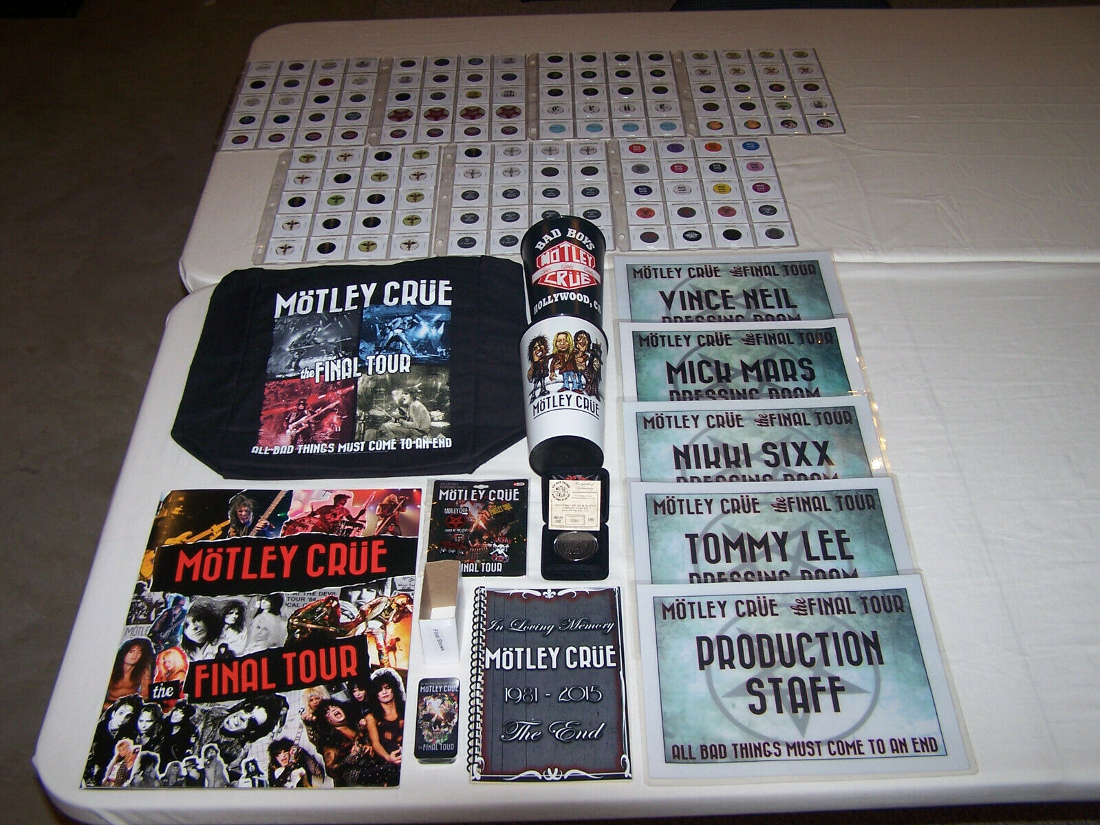 2015 Motley Crue Final Tour Show End Lot Set Guitar Pick Coin Pin Cups Book Tote