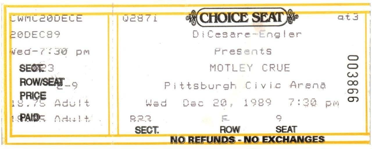 Vintage Mötley Crüe Ticket Stub December 20 1989 Civic Arena Pittsburgh Pa