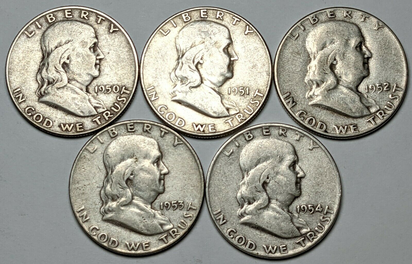 5 Different Dates Franklin Half Dollars 90% Silver - 184965s