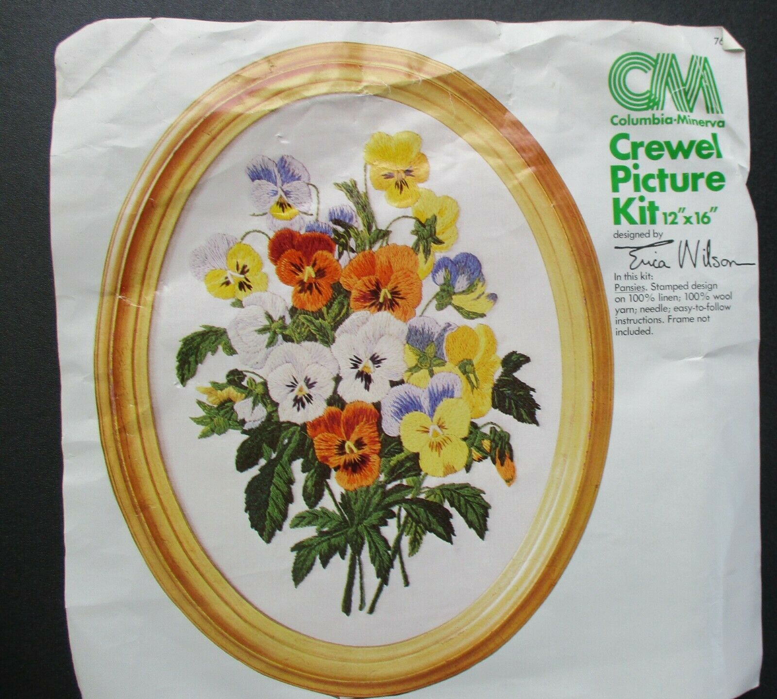 1976 Pansies Crewel Embroidery Kit 12" X 16"  Columbia Minerva