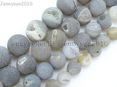 Natural Druzy Quartz Matte Grey Agate Gemstone Round Beads 15.5" 10mm 12mm 14mm