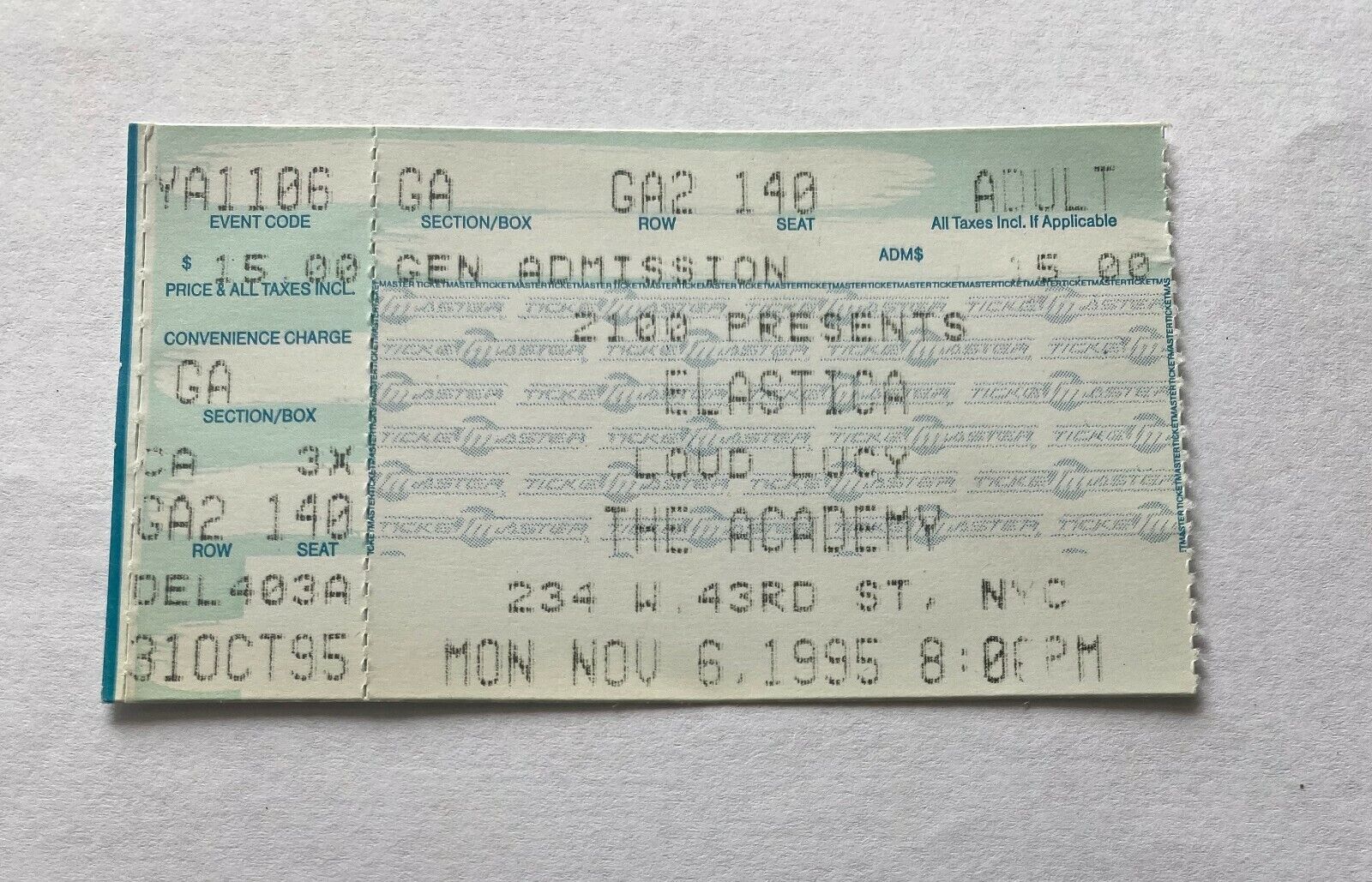 Elastica & Loud Lucy Concert Ticket Stub 11/6/1995 The Academy New York City Ny