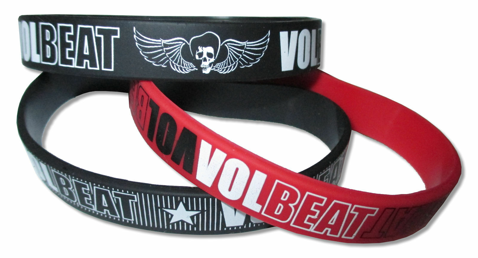 Volbeat Winged Skull Logo 3 Piece Black / Red / Black Silicone Wristband Set