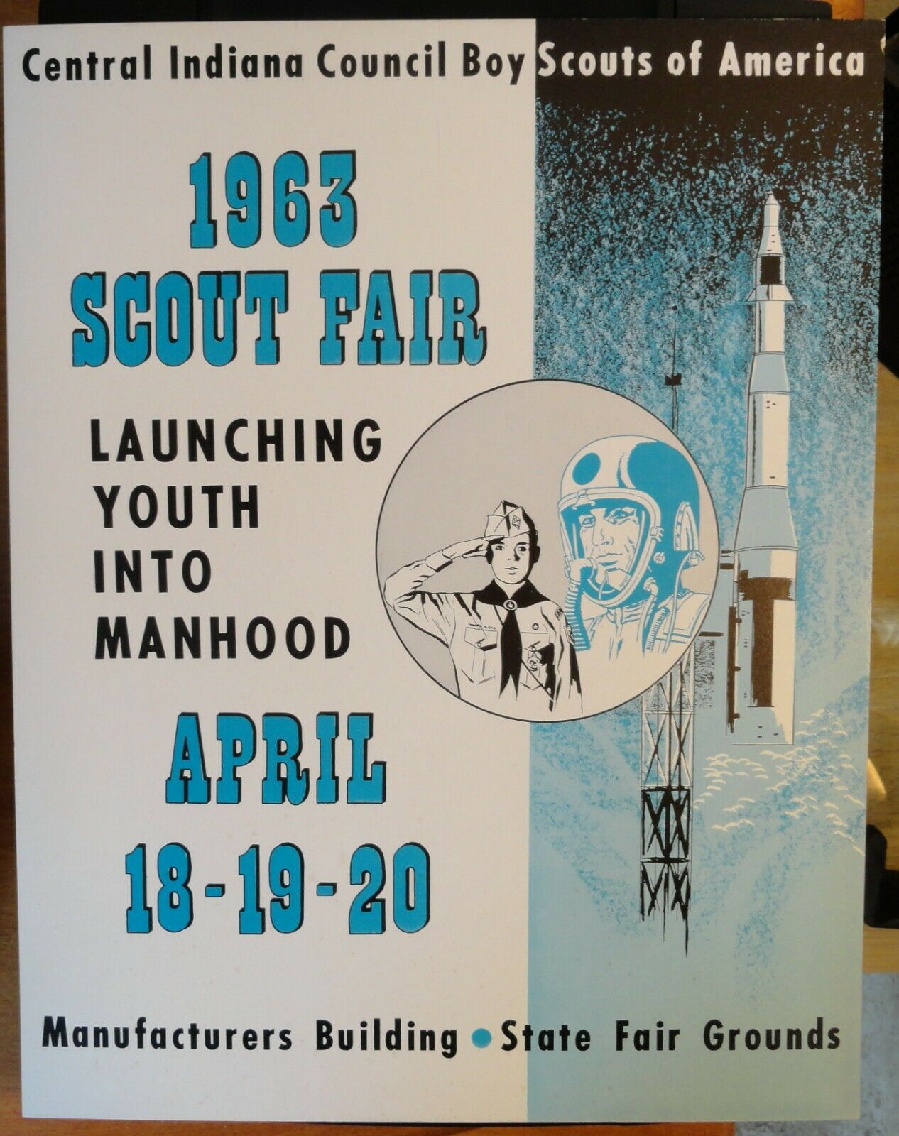 1963 Boy Scout Fair Poster - Central Indiana - Astronaut  Rocket Launch