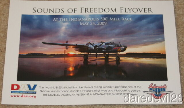 2009 Sounds Of Freedom Flyover B-25 Mitchell Bomber Indy 500 Promo Card